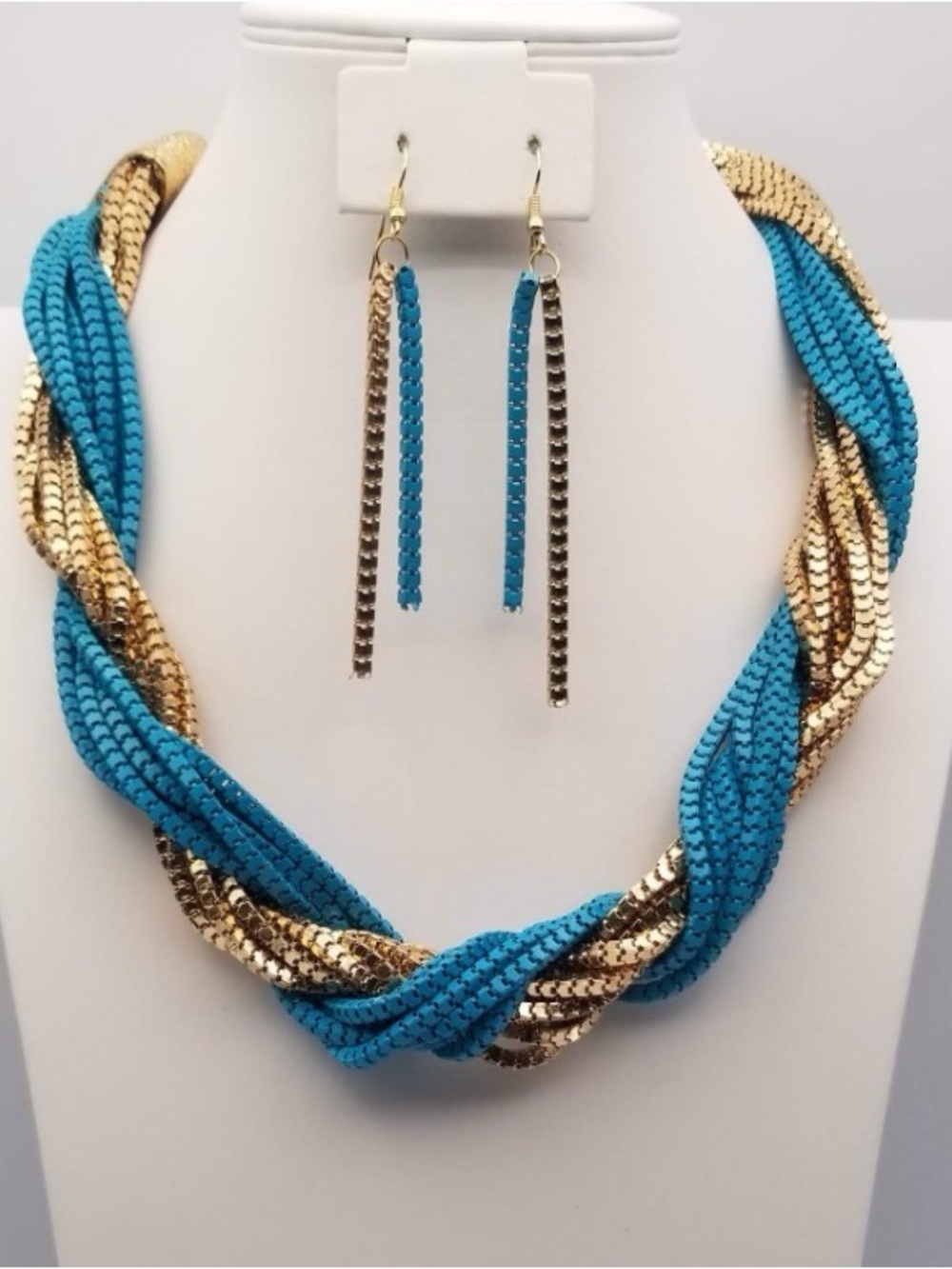 Turquoise and Gold Braided Rope Necklace with Matching Drop Earrings